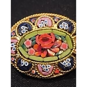 Vintage Micro Mosaic Gold-Tone Flower Oval Brooch Multicolor Made In Italy